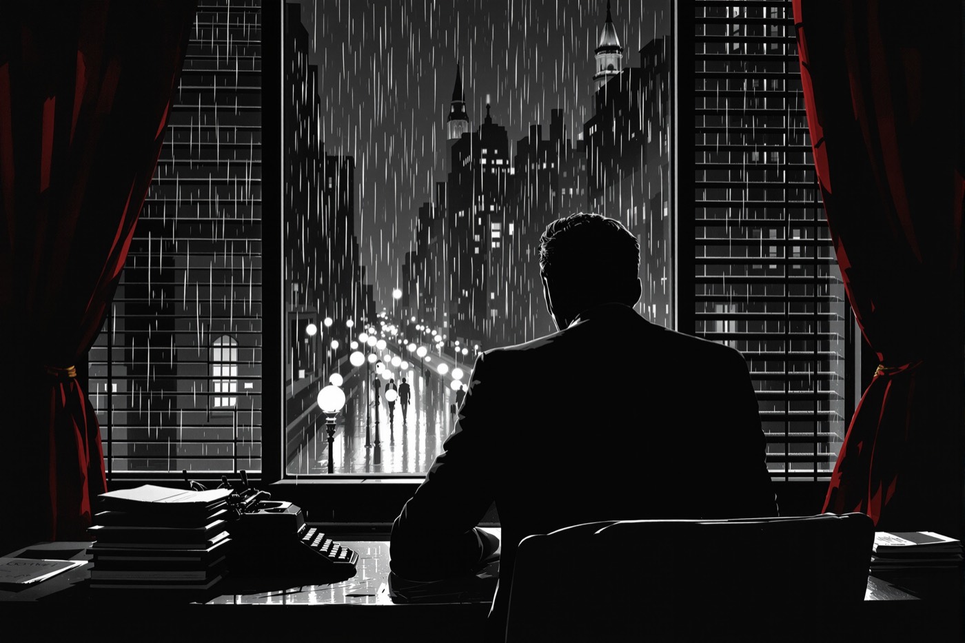 Silhouetted writer at a night window above a rainy street, noir illustration style