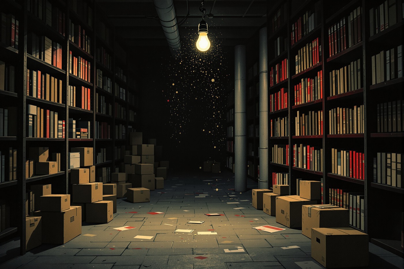 Dim archive room with shelves of bound magazine volumes in noir illustration style