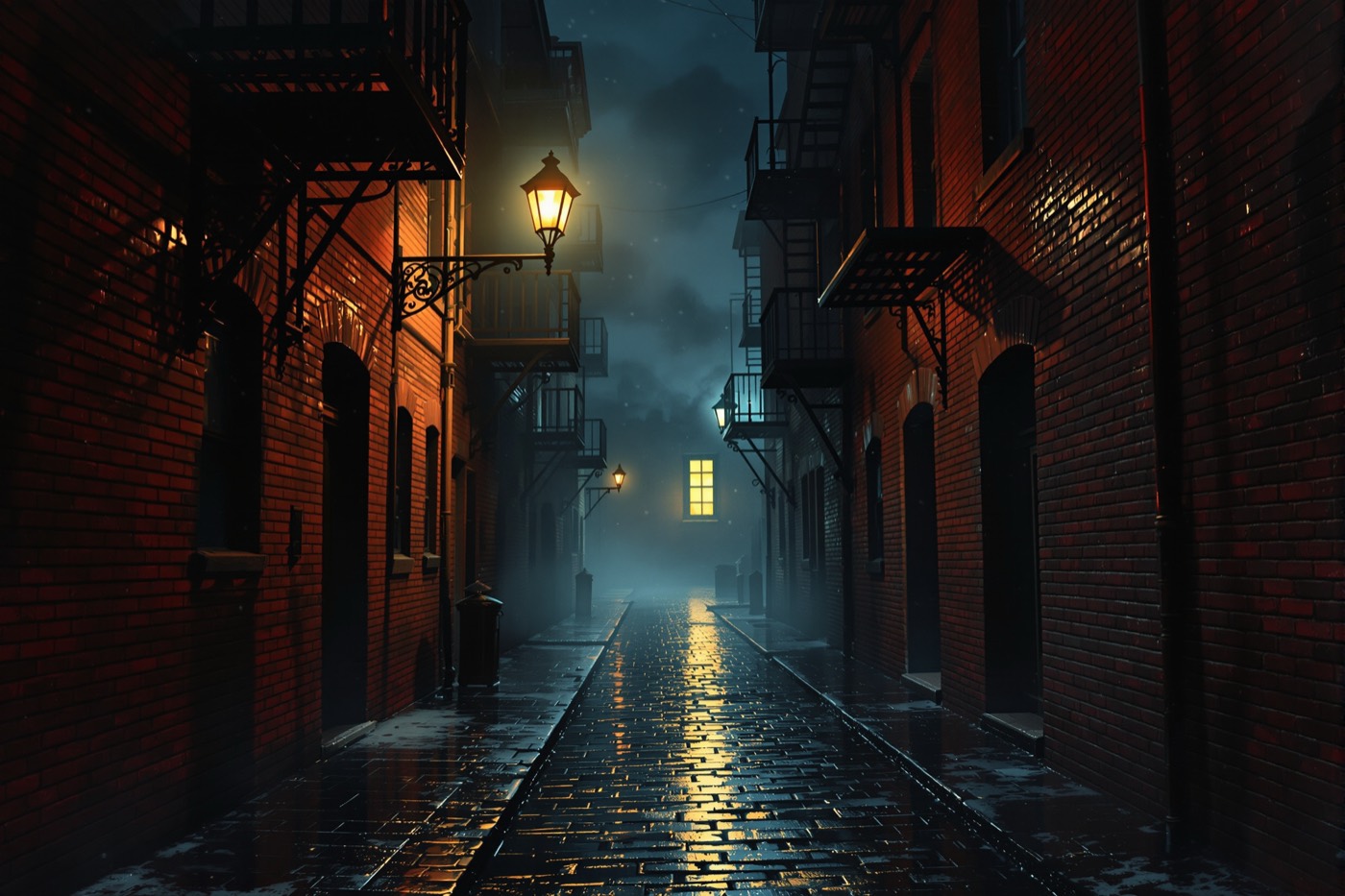Foggy Boston brick alley at night under a street lamp, noir illustration style