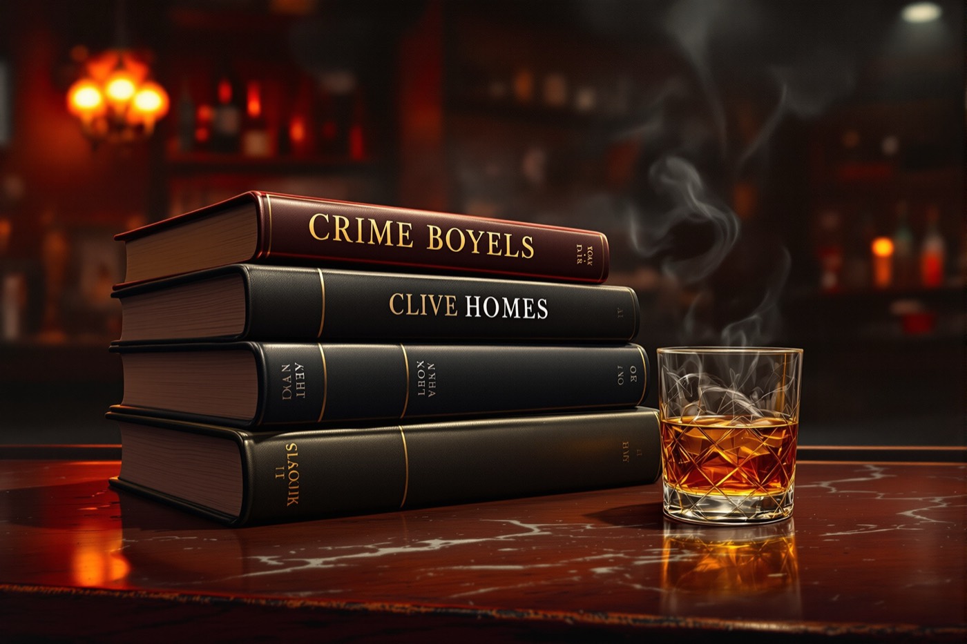 Stack of dark hardcover novels beside a whiskey glass on a bar in noir illustration style