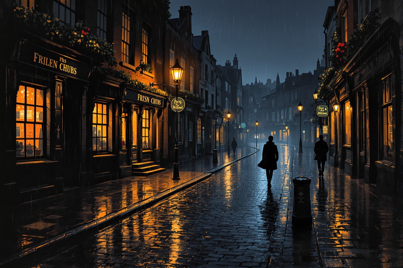 Rainy Irish town street at night with glowing pub windows, noir illustration style
