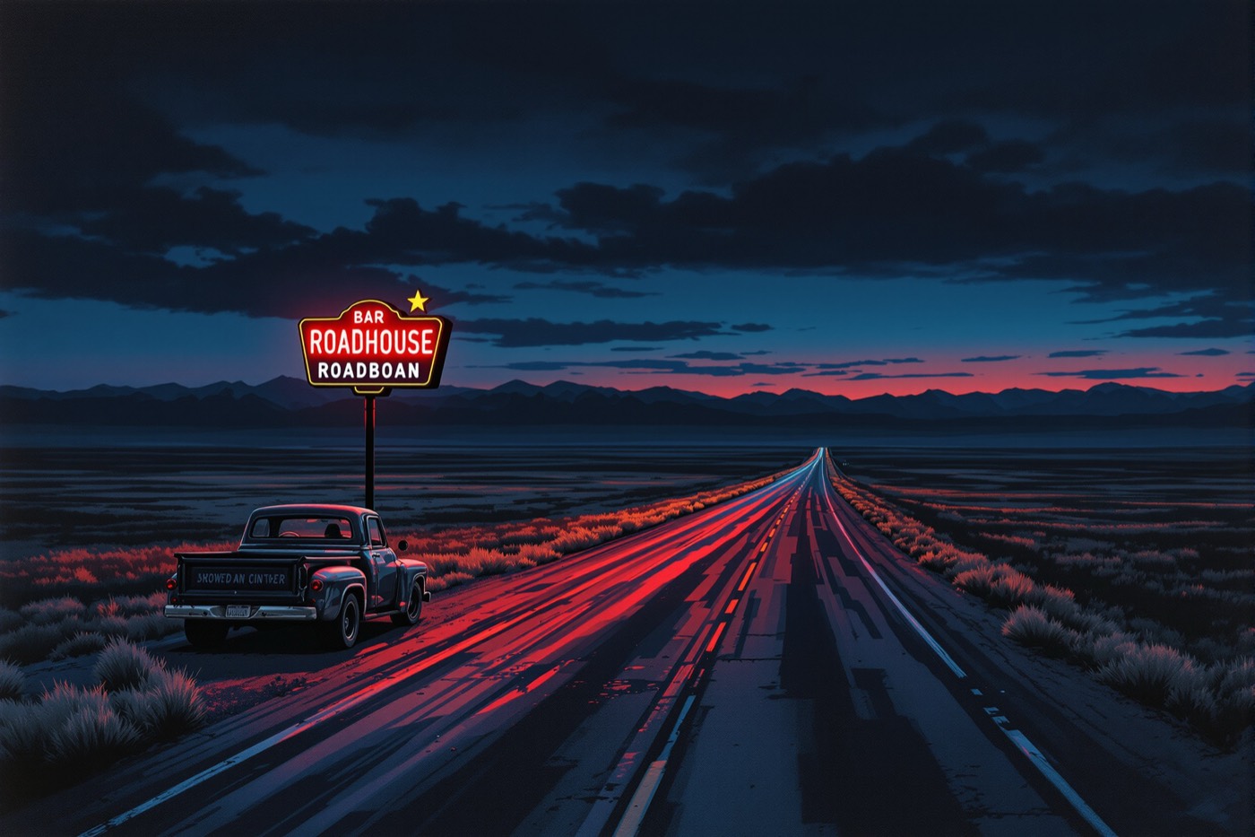 Montana highway at dusk with a glowing roadhouse sign, western noir illustration