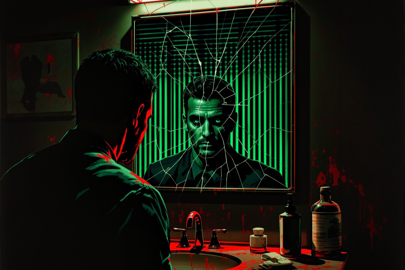 Cracked mirror with a distorted reflection in a dim motel room, psycho noir illustration