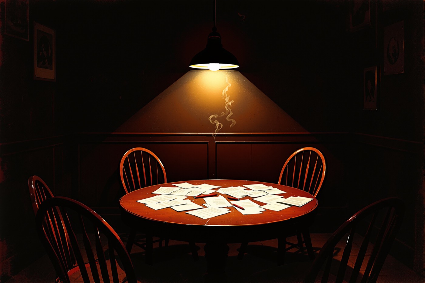 Back-room table covered with manuscripts under a single lamp in noir illustration style