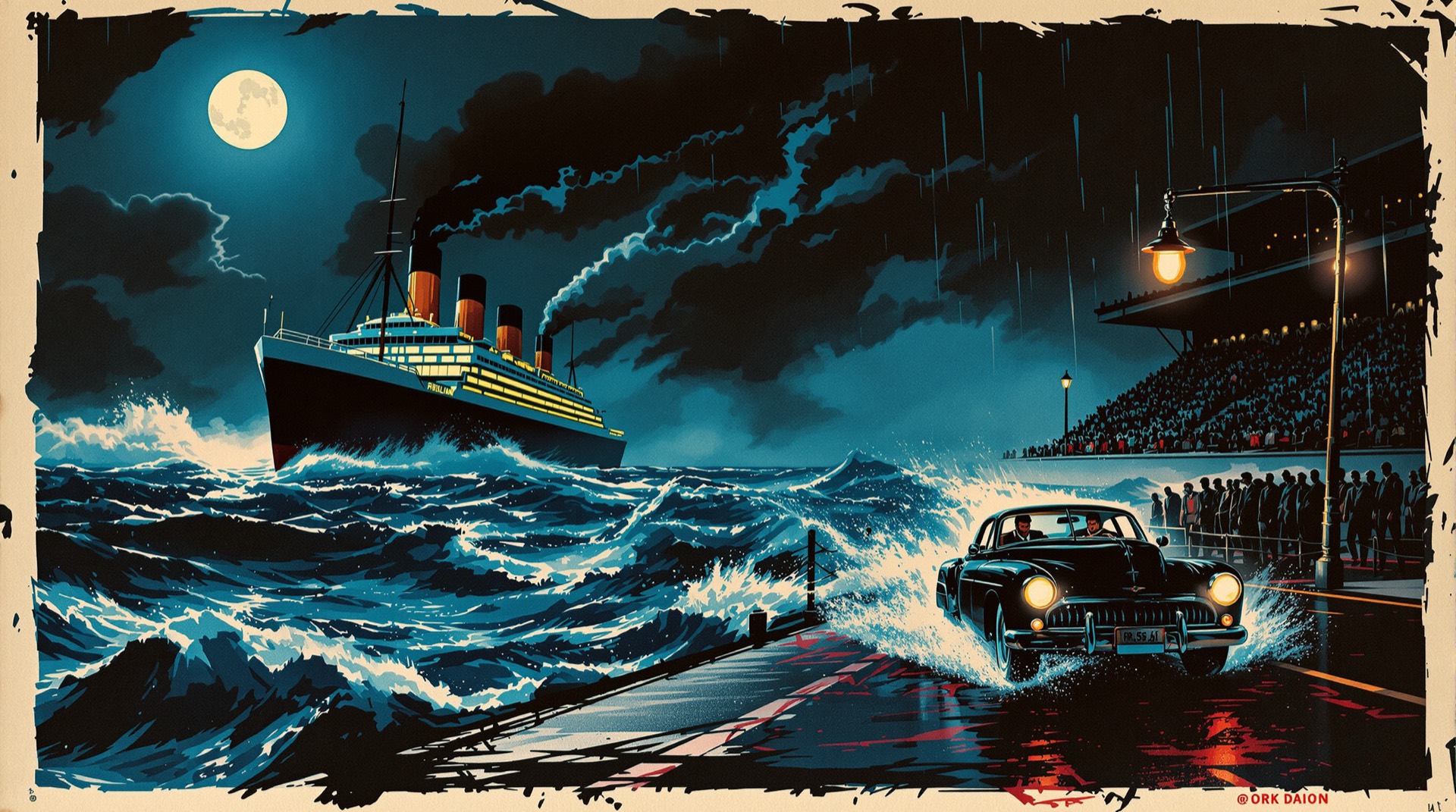 1930s pulp magazine style montage of ocean liner, boxing ring and getaway car