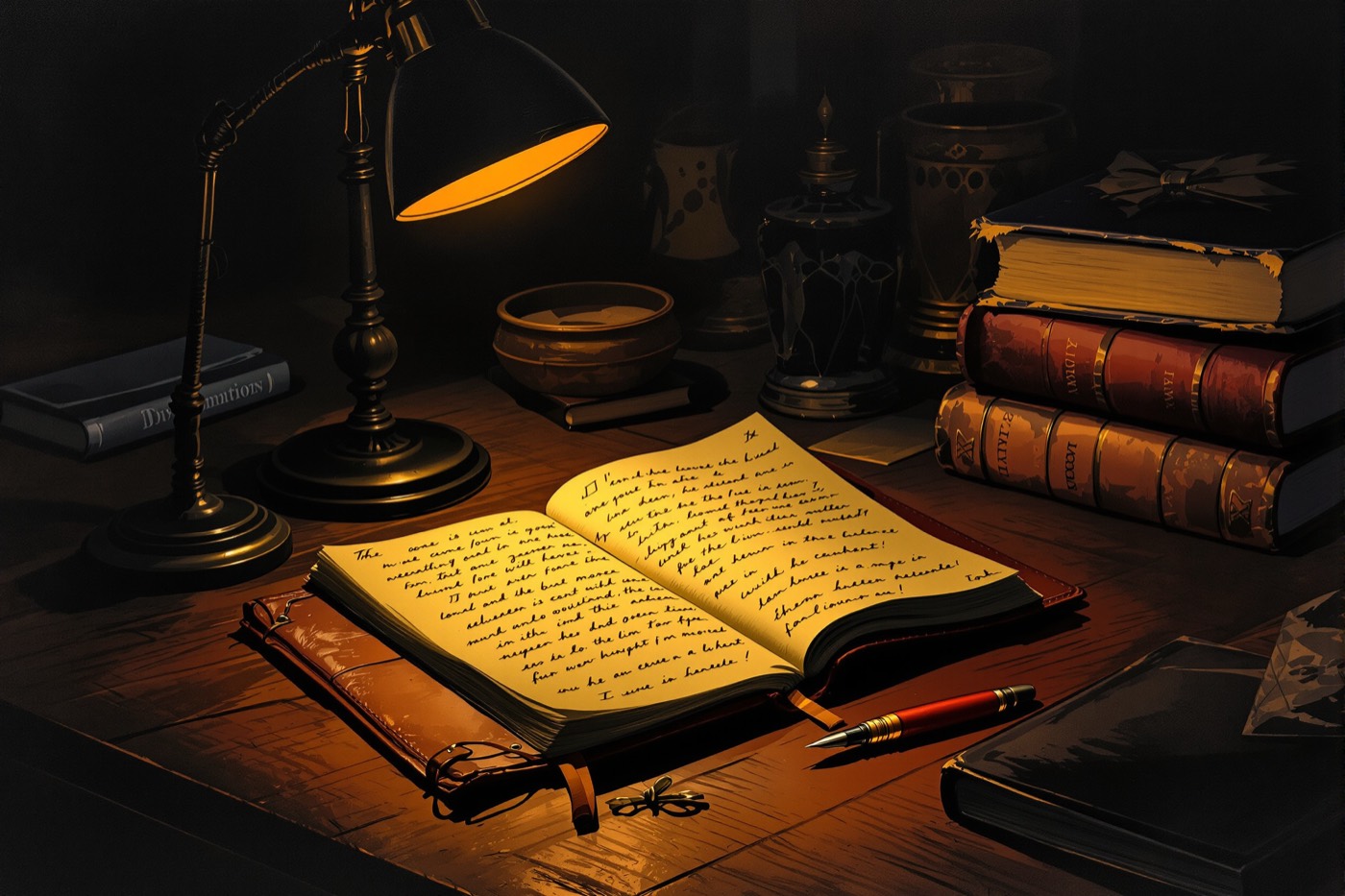 Notebook, fountain pen and worn paperbacks under lamplight, noir illustration style
