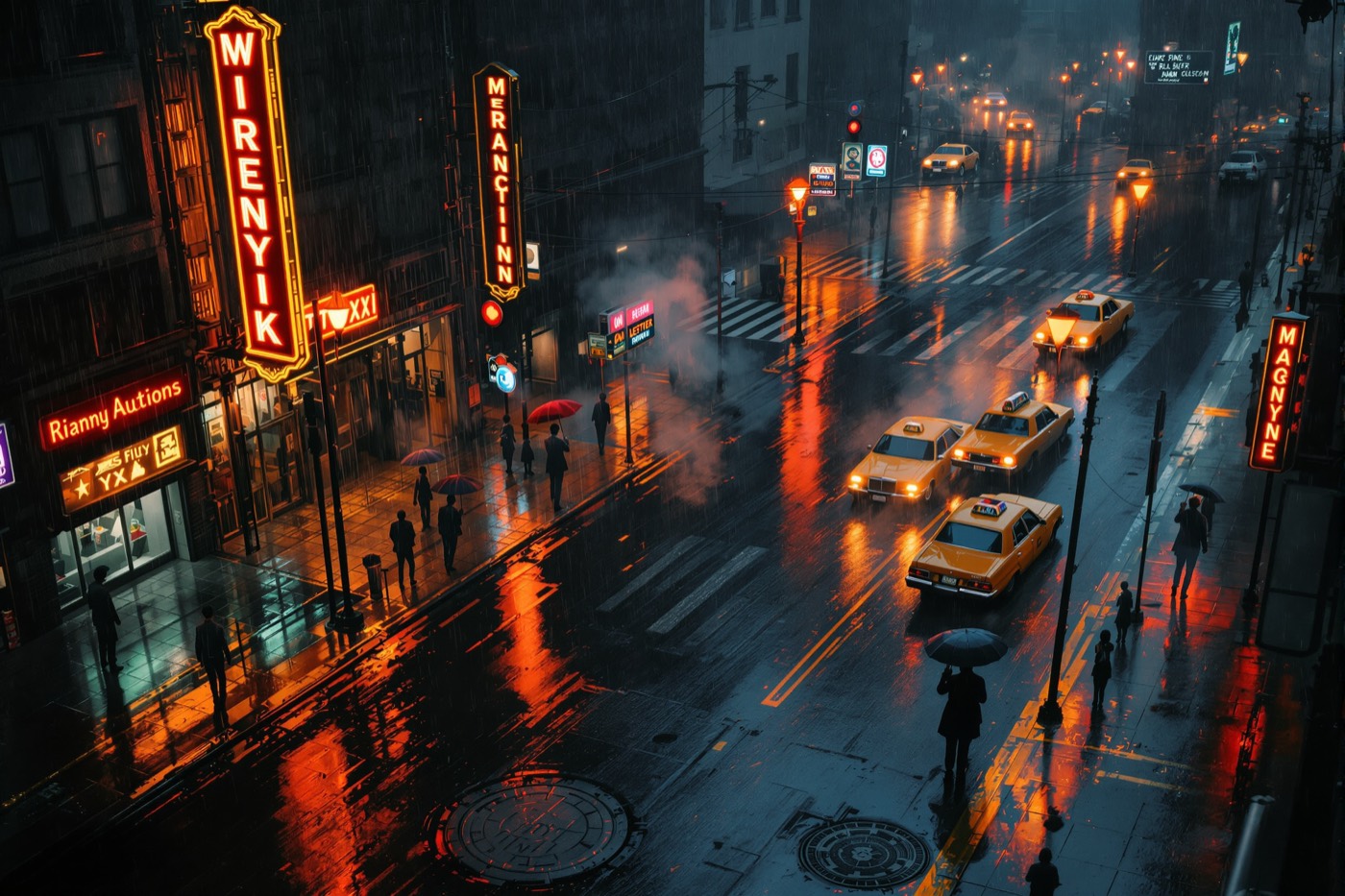 Rainy city intersection at night with neon reflections, urban noir illustration