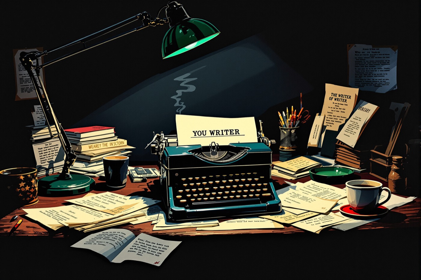 Vintage typewriter and manuscript pages on a desk at night in noir illustration style