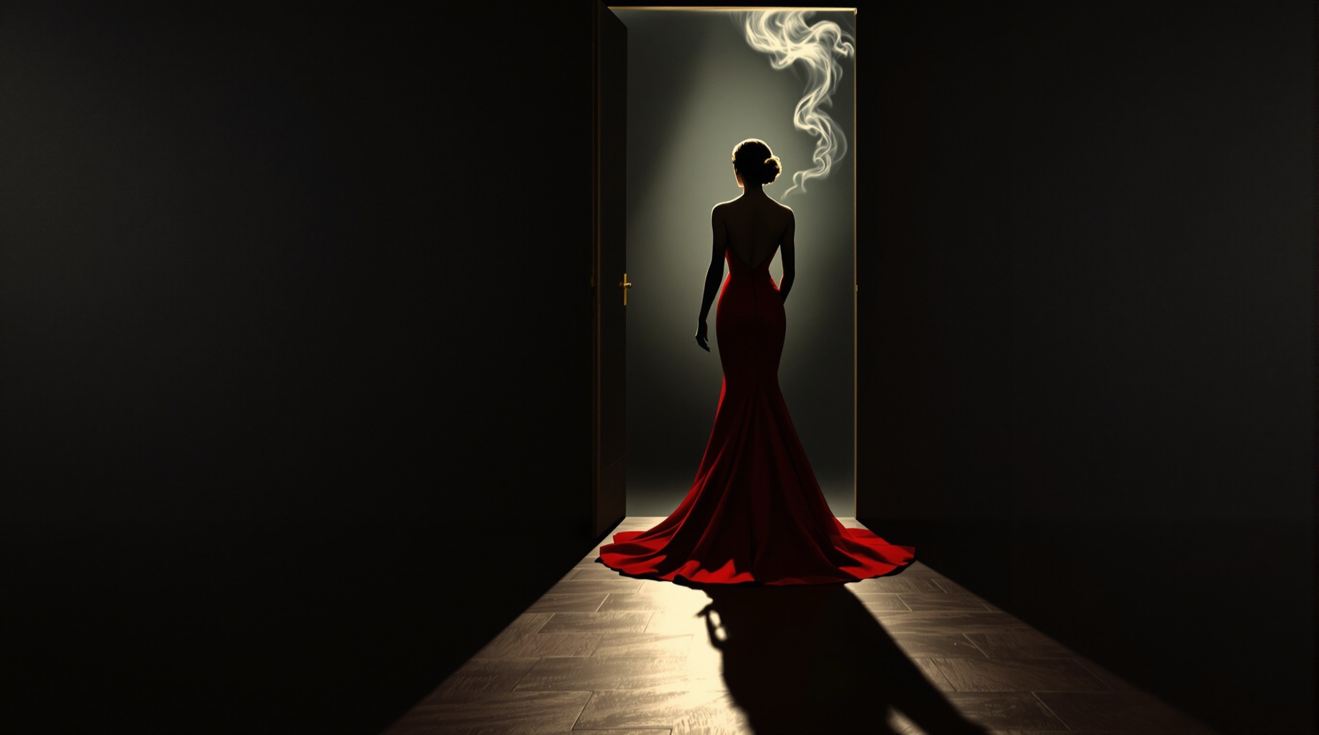 Silhouetted woman in evening gown in a smoky nightclub doorway, femme fatale noir illustration