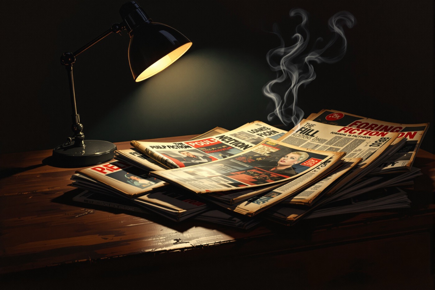 Stack of weathered pulp magazines on a desk under a dim lamp in noir style